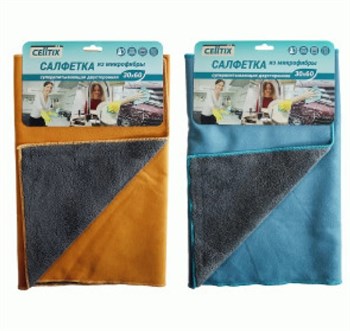 Салфетка для уборки CELLTIX E1M, 30x60см, 500г/м2, супервпитывающая, 2-сторонняя (искуственная замша+универсальная), микрофибра, микс 90662