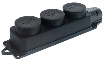 Колодка для удлинителя Lezard 106-0400-0101, трехместная, 2Р+Е, 16А, 220-240В, IP44, с заземлением, однофазная, с заглушками, каучук, черная 39538
