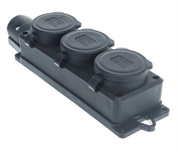 Колодка для удлинителя UNIVersal 1323, трехместная, 16А, 220В, IP44, с заземлением, однофазная, с заглушками, каучук, черная 52722