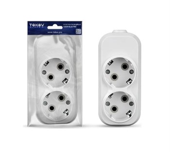 Колодка для удлинителя TOKOV ELECTRIC TKE-C01-КU2-Z, двухместная, 16А, 250В, IP20, 2200Вт, с заземлением, АБС-пластик, белый 91268