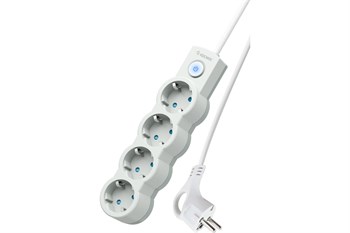 Удлинитель КОСМОС, 4х3м, ПВС 3х0.75мм2, 10А, 2200Вт, с заземлением, с защитными шторками, с выключателем, белый 86390