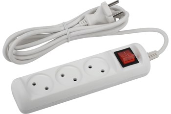 Удлинитель ЭРА U3s3m2x1, 3х3м, ПВС 2х1мм2, 10А, 2200Вт, без заземления, с выключателем, белый 87396