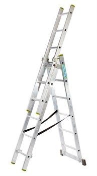 Лестница универсальная, трехсекционная, 3х7 ступеней, высота 2.02-4.76м, алюминиевая 14027