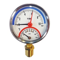 Термоманометр радиальный Tim, 10 баров, для измерения температуры и давления теплоносителя отопительных систем и котлов - фото 31486