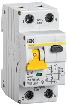 Выключатель автоматический дифференциального тока IEK АВДТ32, 2 полюса, C, 16А, 30мА - фото 53994