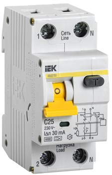 Выключатель автоматический дифференциального тока IEK АВДТ32, 2 полюса, C, 25А, 30мА - фото 53995
