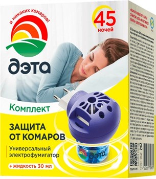 Электрофумигатор от комаров ДЭТА 45 ночей с жидкостью 30мл, комплект 46073 - фото 97859