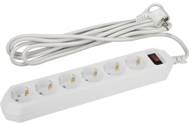 Удлинитель с сетевым фильтром ЭРА USF-M-6es-3m-W-BOX, 2200Вт, ПВС 3х0.75мм2, 5 розеток, 5м, с заземлением, выключатель на корпусе, белый 88487