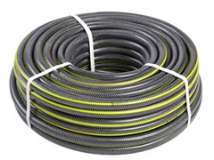 Шланг поливочный Дальняя заимка E1M, 1/2дюйма, 25м, ПВХ, трехслойный, армированный, серый с зеленой полосой 73304