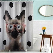 Шторка для ванной комнаты тканевая Кот в очках MZ-41, 180x180см, водонепроницаемая