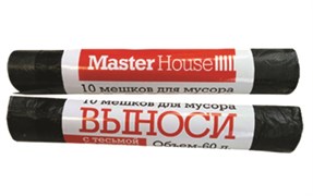 Мешки для мусора "ВЫНОСИ" MasterHouse 60145, 60л, 14мкм, ПНД, в рулоне 10шт, с завязками, черные